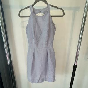 Lauren James Blue and white seersucker sleeveless dress with scalloped details